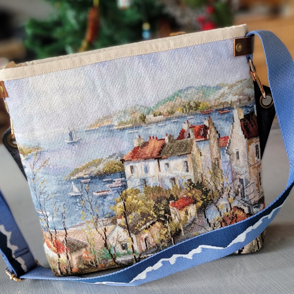 Handmade danier leather and needle point purse